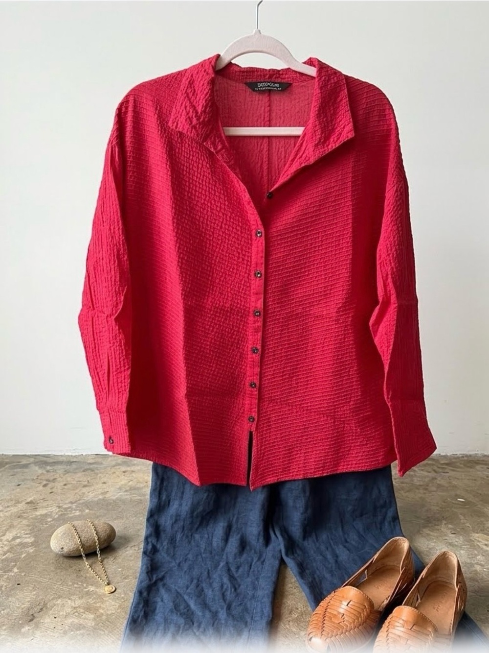 YaccoMaricard Tokyo Vibrant Red Hand-Worked Pintuck Oversized Blouse 0383